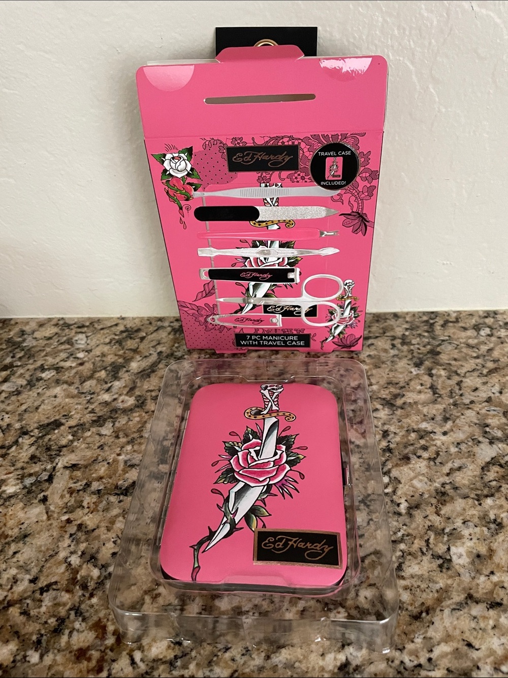 Ed Hardy Pink Floral Dagger Manicure Kit with Travel Case